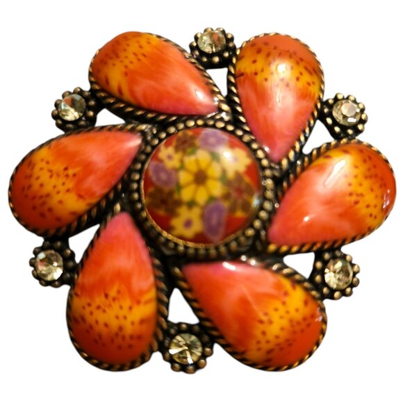 Vintage Floral Statement Brooch Red & Orange Enamel - Picture 1 of 8